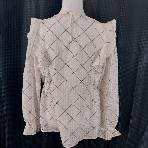 LOFT! CREAM & BLACK PLAID RUFFLE FRONT, ELASTIC WAIST POUF SLEEVE BLOUSE! SZ M - Picture 6 of 8